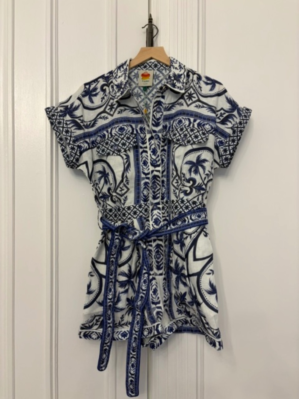 NWT FARM Rio Blue & White Linen Belted Romper Size M